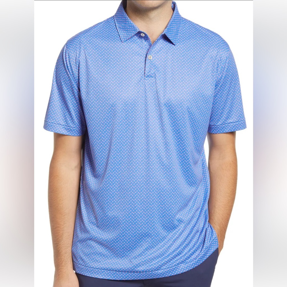 PETER MILLAR MEN'S FLAMINGO PRINT POLO SHIRT - BLUE SIZE SMALL (PREOWNED)